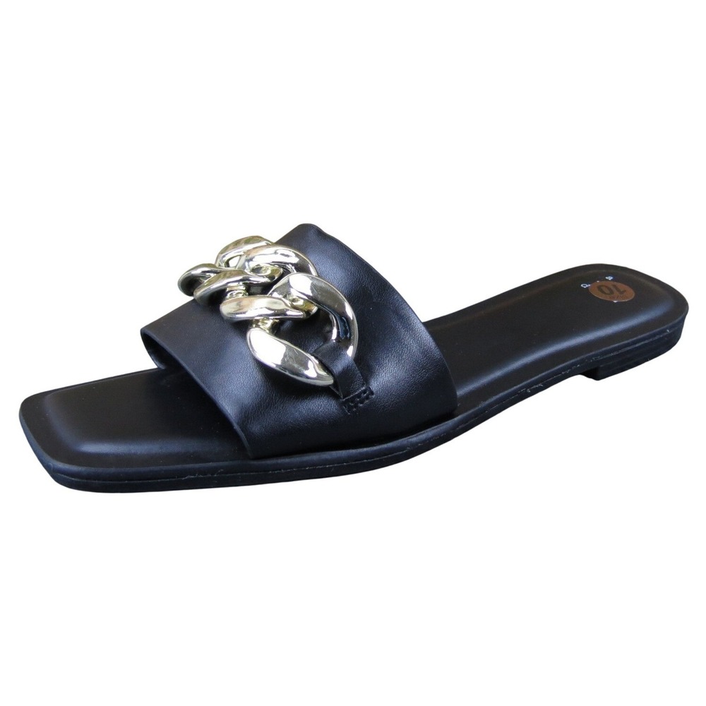 A New Day Womens 10 Black Slide Sandals Faux Leather Chain Detail Square Toe